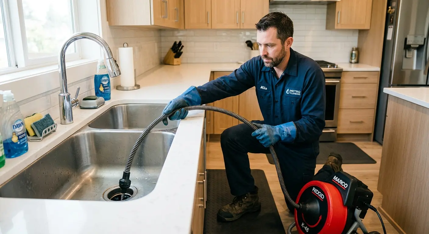 Drain cleaning technician using a motorized snake on a kitchen sink in Linda