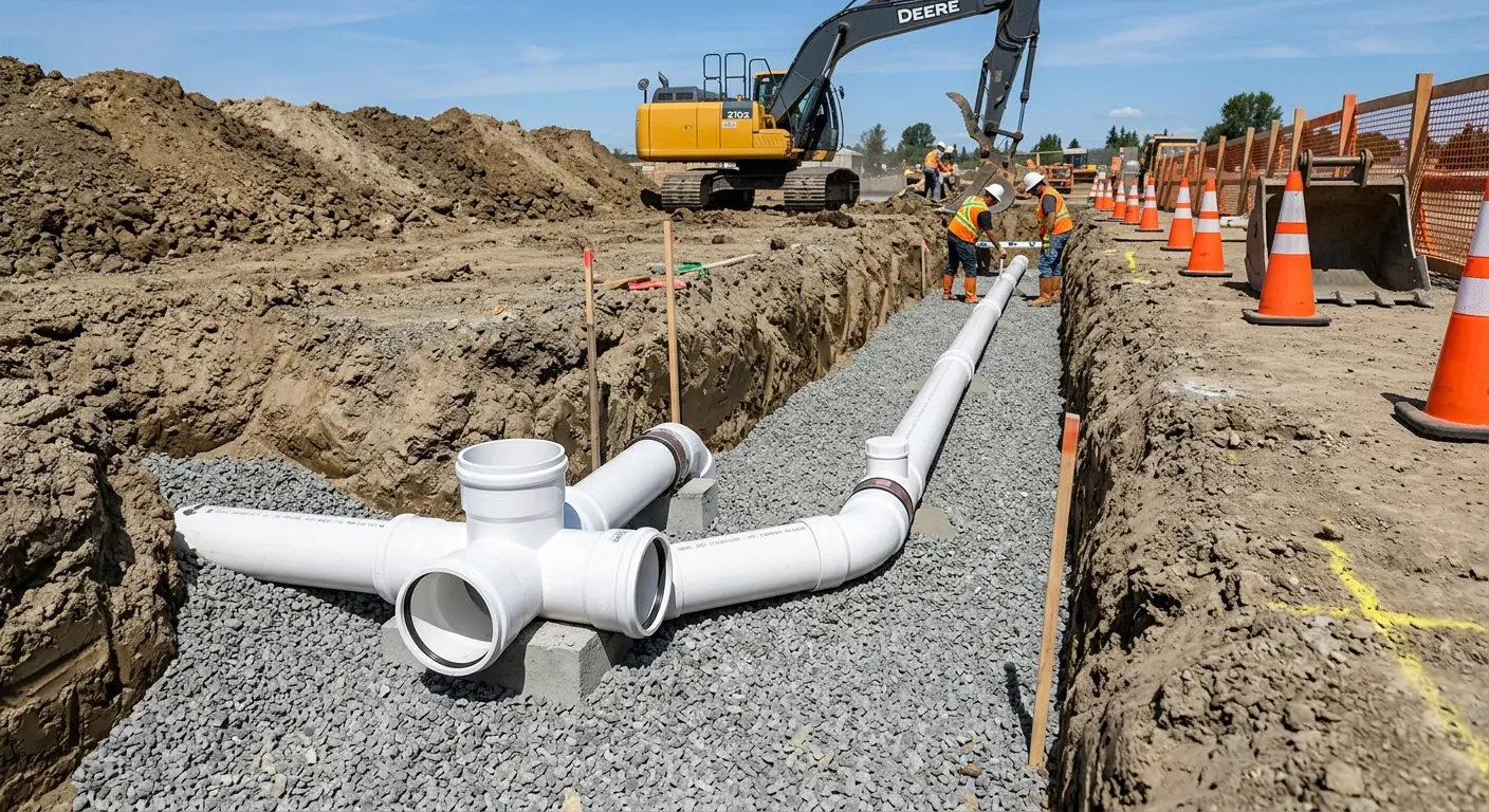 New PVC sewer pipe installation in open trench for Sewer Backup in Linda