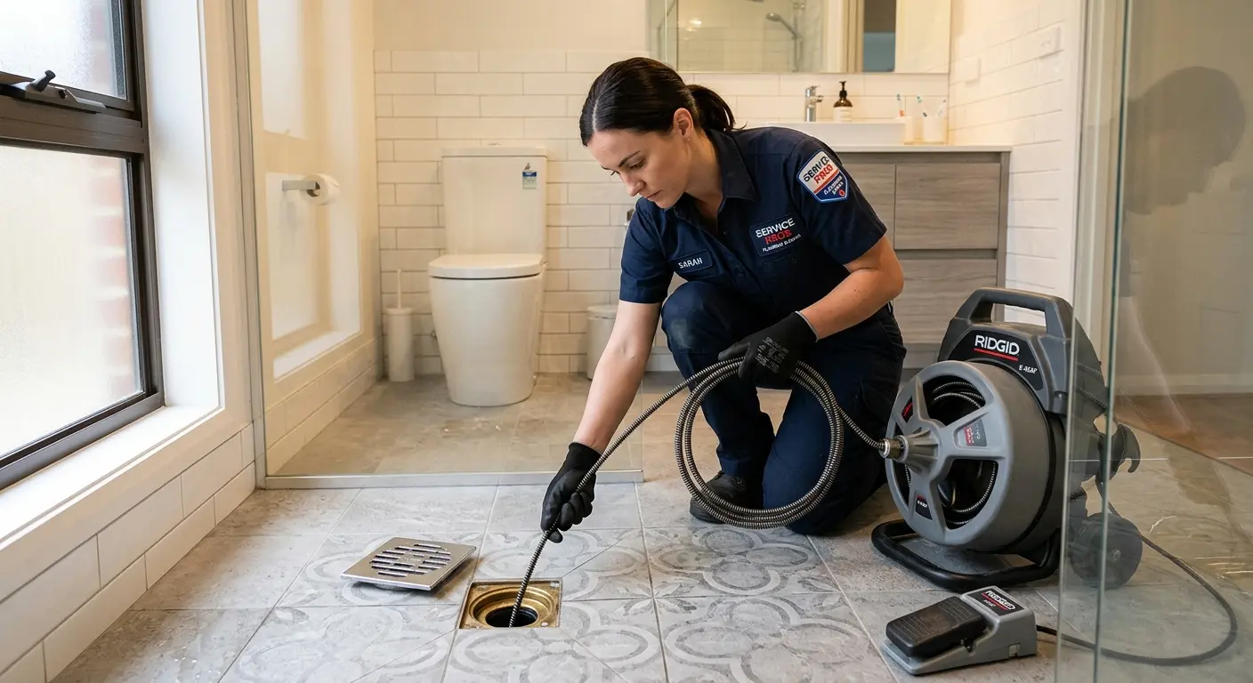 Technician clearing a bathroom floor drain for Sewer Line Installation in Linda